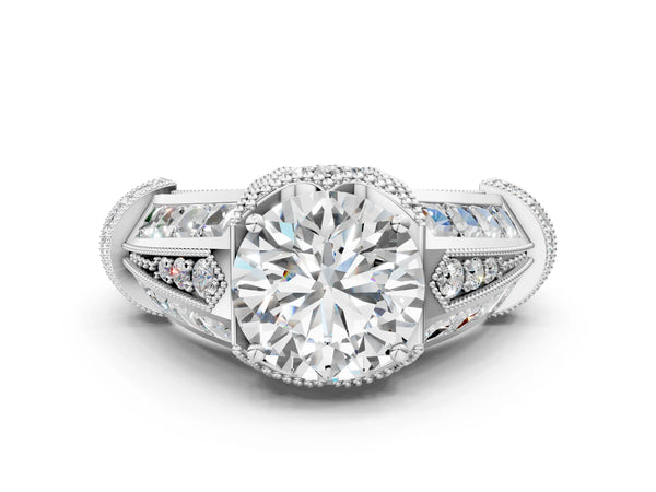 White gold Vintage Milgrain Round Diamond Split Shank Ring with Prong Setting