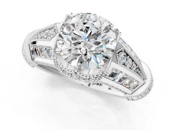 White gold Vintage Milgrain Round Diamond Split Shank Ring with Prong Setting