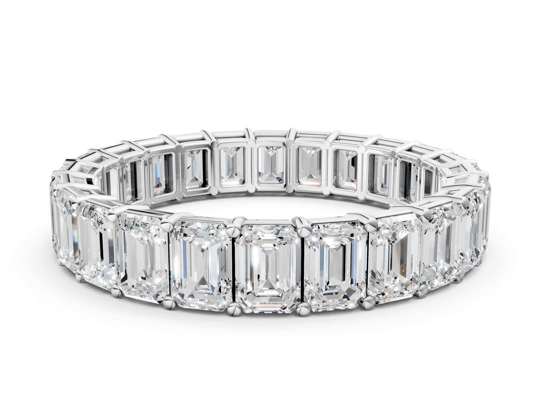 Silver Emerald Cut Diamond Eternity Band with Shared Prong Setting