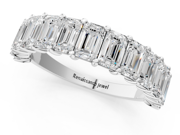 Platinum emerald cut diamond half eternity band with shared prong setting