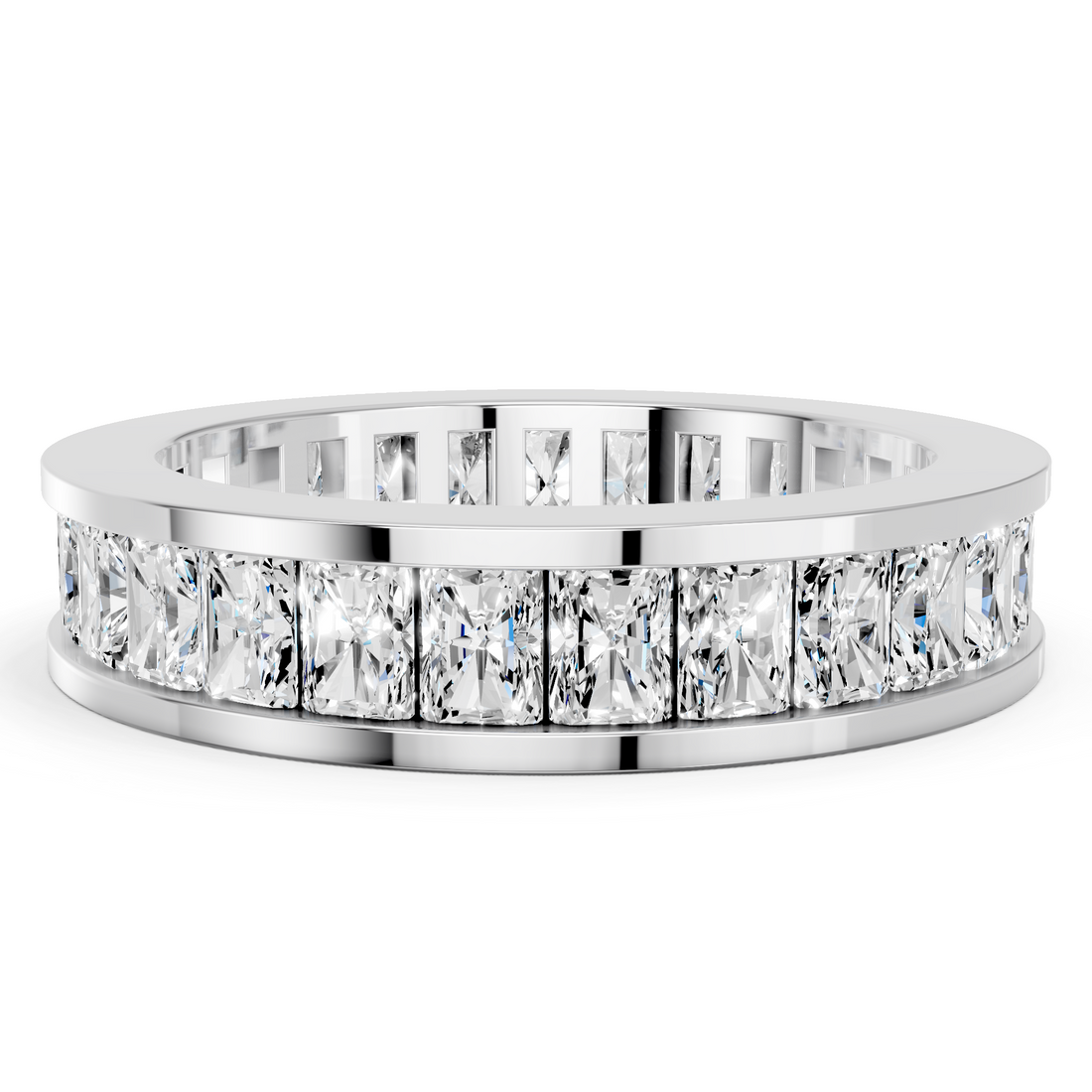 White gold radiant cut diamond eternity band with channel set