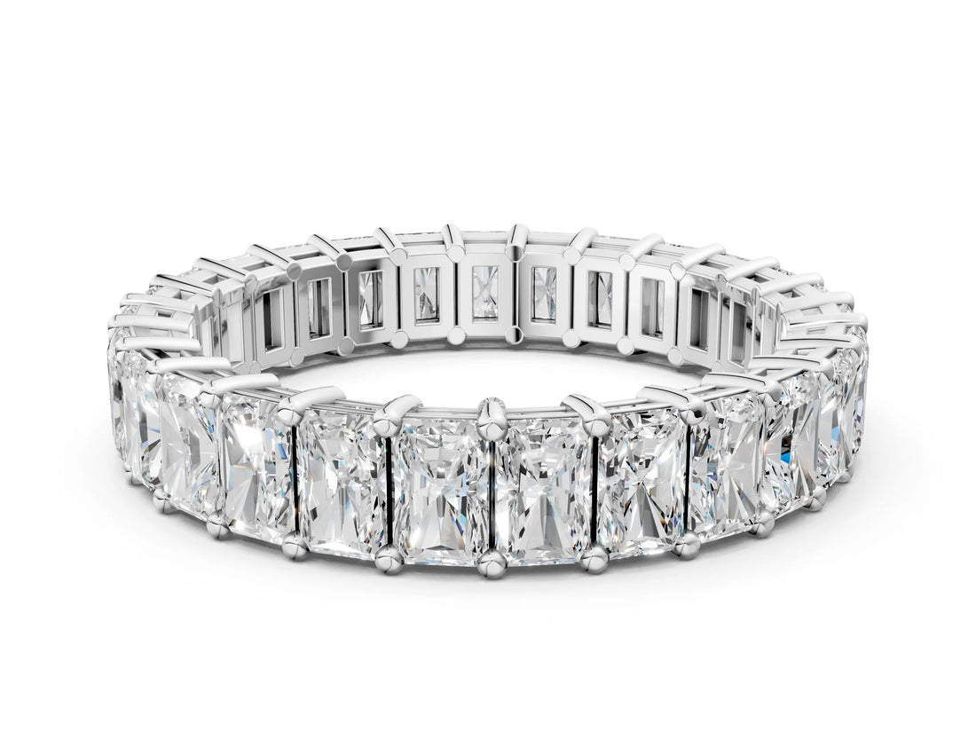 Platinum radiant eternity band with shared prong setting
