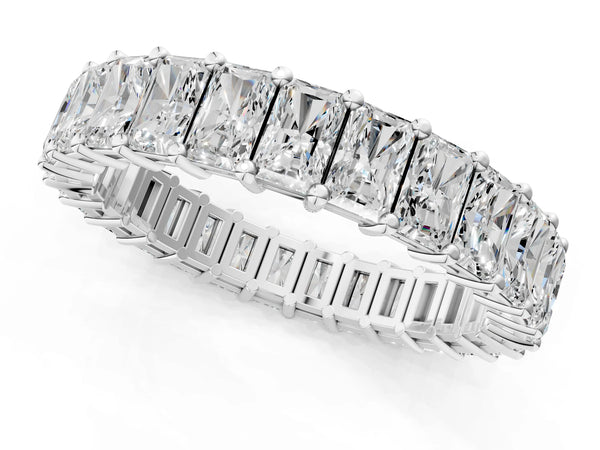 Platinum radiant cut diamond eternity band with shared prong setting