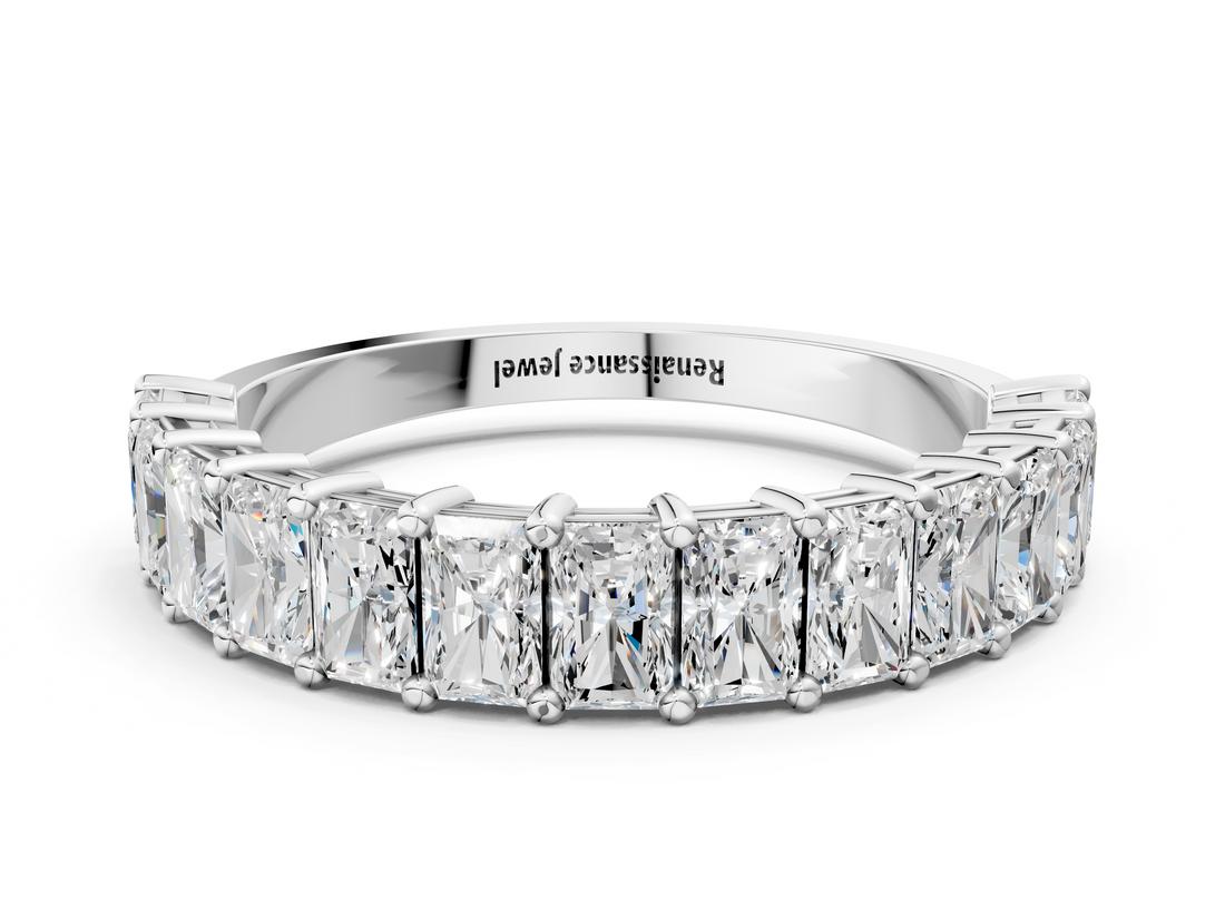 White gold radiant cut diamond half eternity band with shared prong setting_17