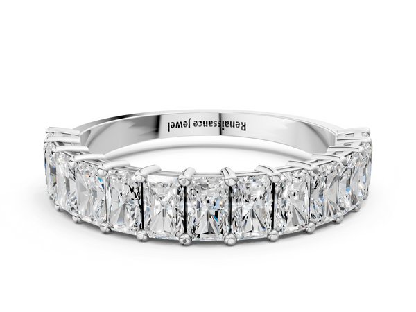 White gold radiant cut diamond half eternity band with shared prong setting