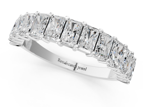 Platinum radiant cut diamond half eternity band with shared prong setting