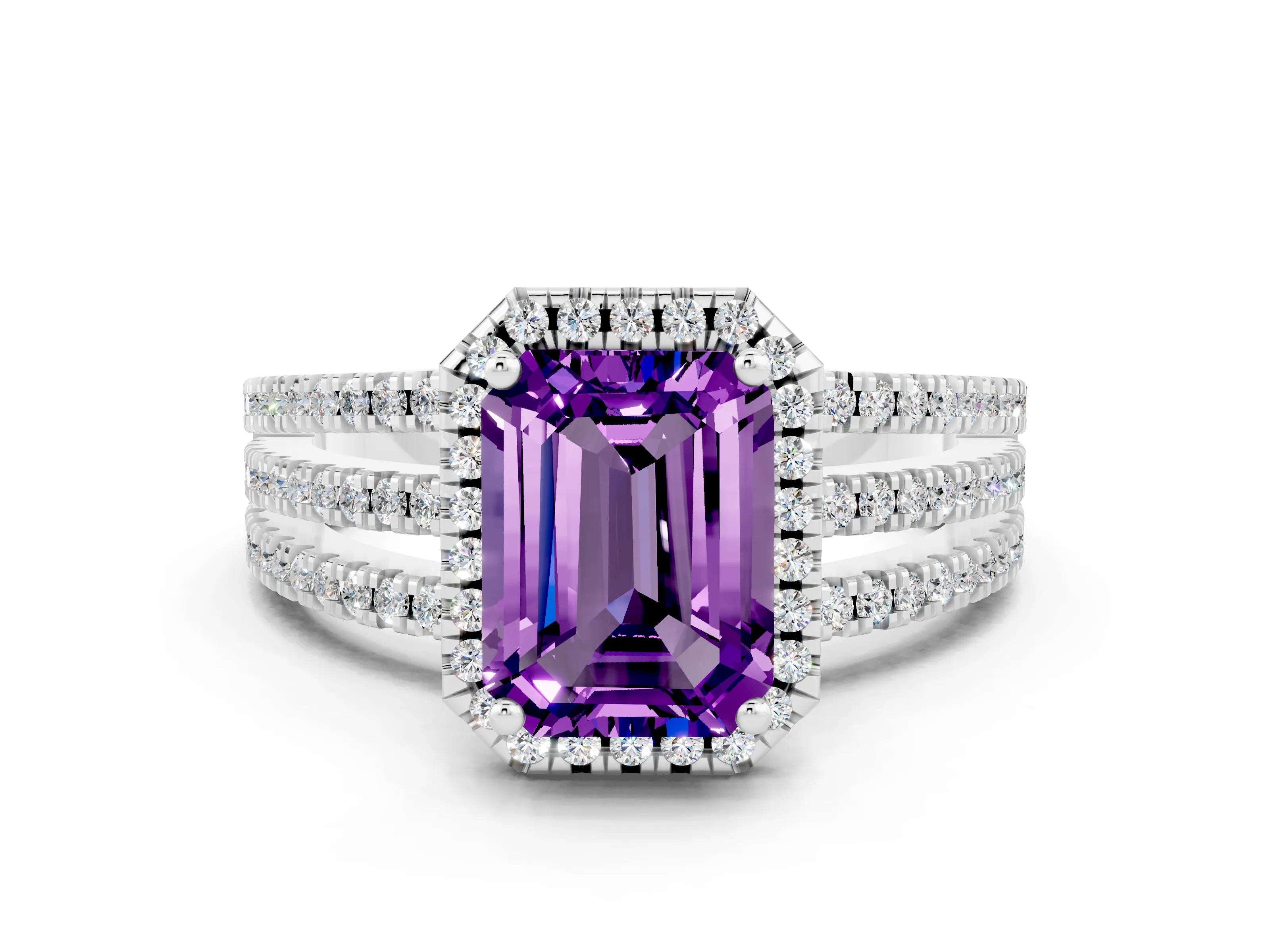 White gold {shape_name} Amethyst Halo Engagement Ring with Split Shank and Four-Prong Setting_12