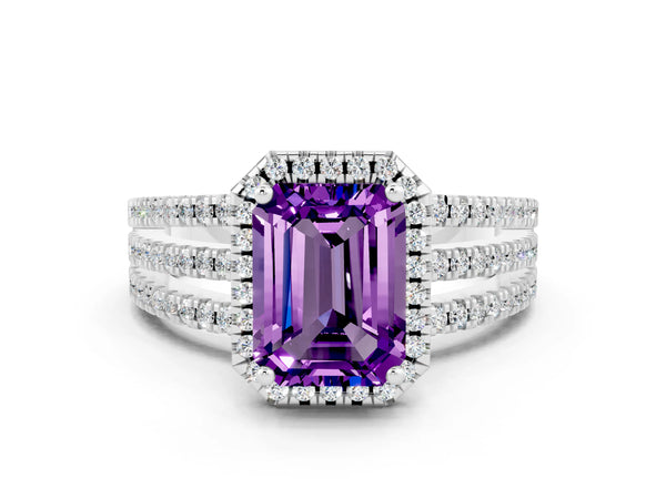 White gold Emerald Cut Amethyst Halo Engagement Ring with Split Shank and Four-Prong Setting