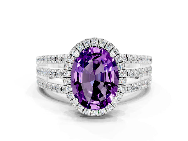 White gold Oval Cut Amethyst Halo Engagement Ring with Split Shank and Four-Prong Setting