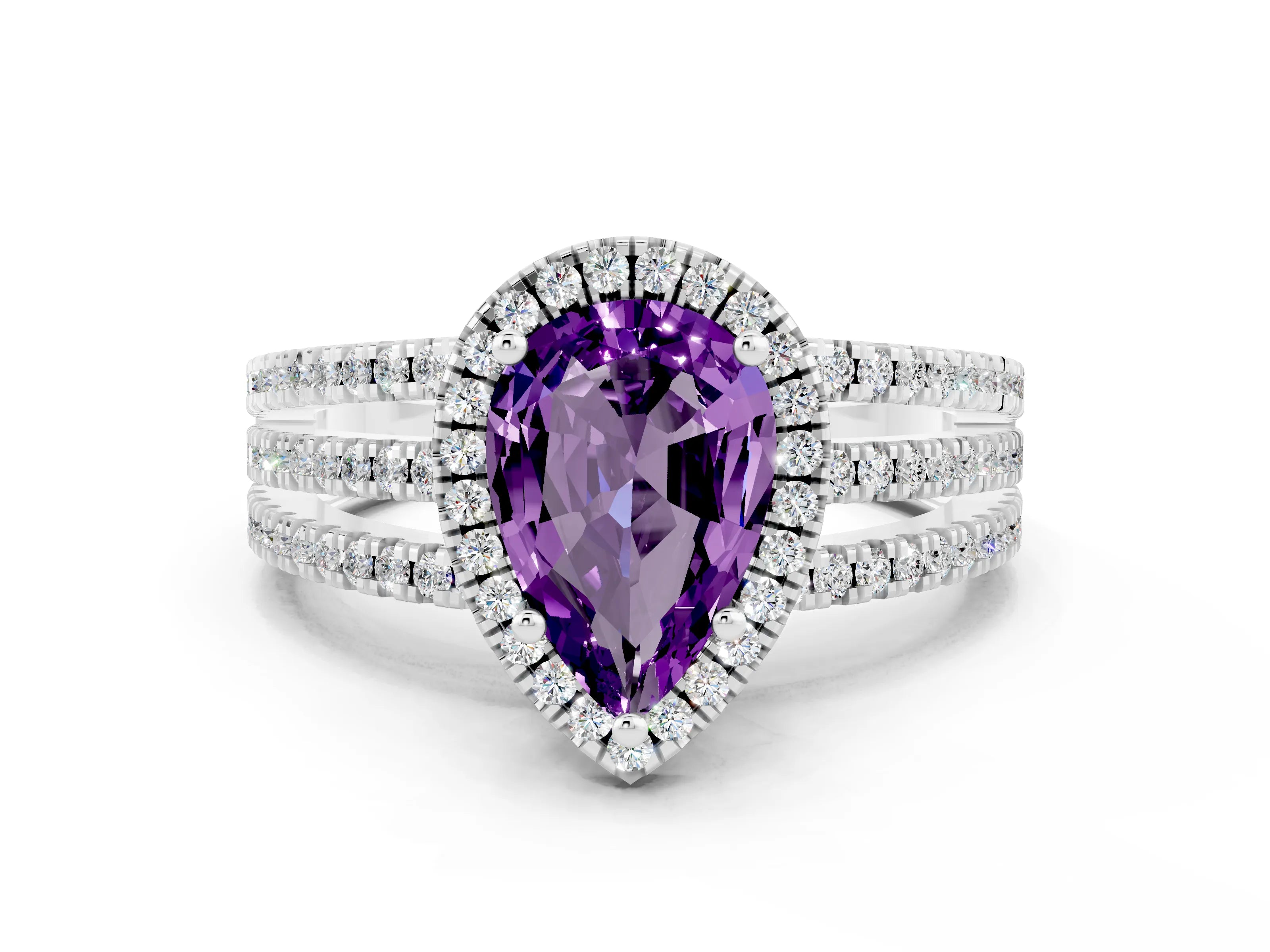 White gold {shape_name} Amethyst Halo Engagement Ring with Split Shank and Four-Prong Setting_12