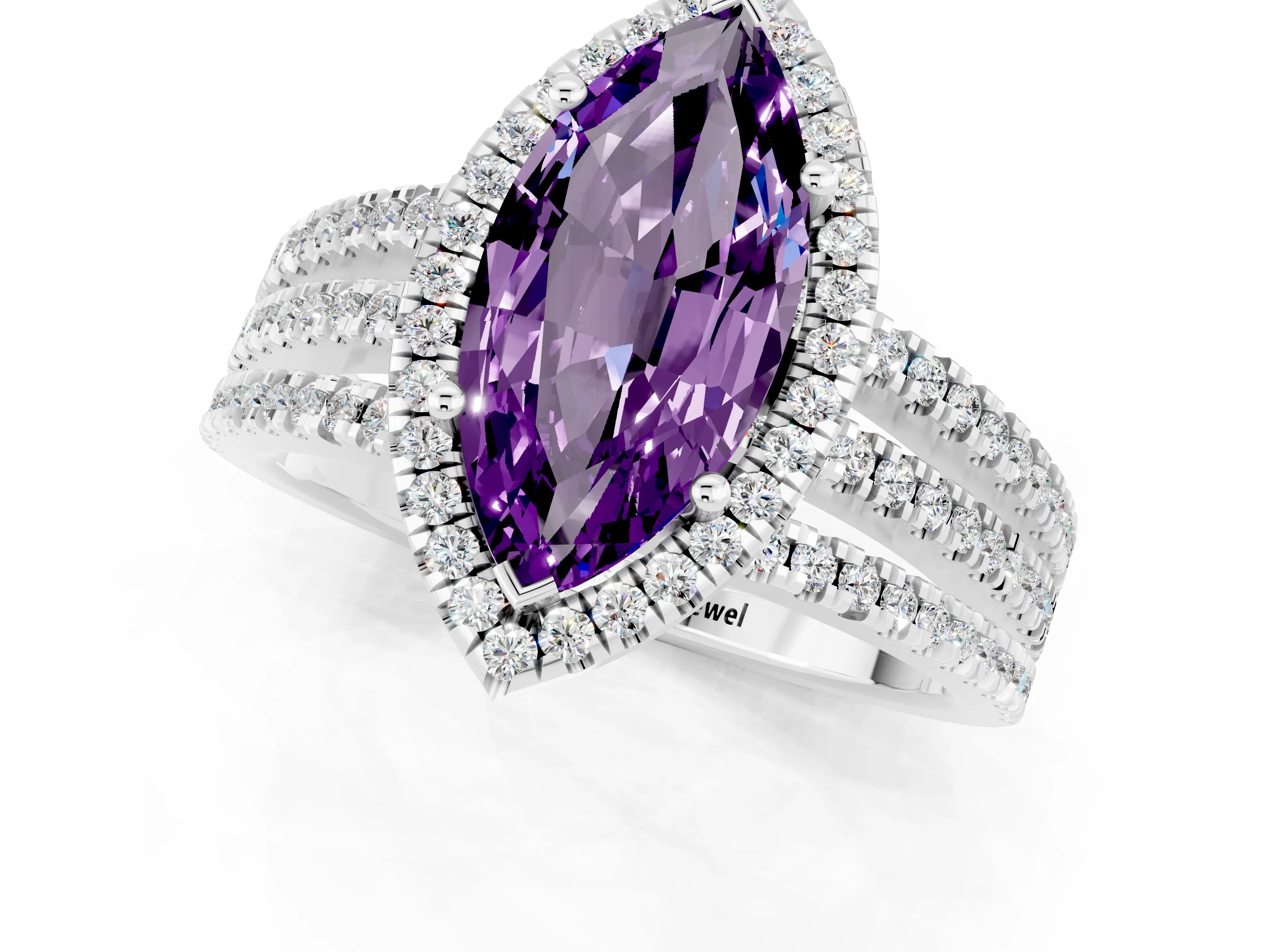 White gold {shape_name} Amethyst Halo Engagement Ring with Split Shank and Four-Prong Setting_13