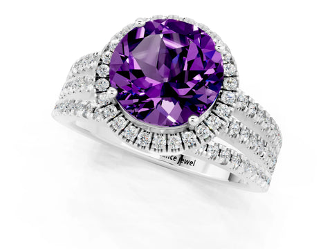 White gold {shape_name} Amethyst Halo Engagement Ring with Split Shank and Four-Prong Setting_13