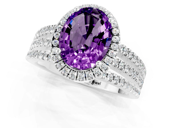 White gold Oval Cut Amethyst Halo Engagement Ring with Split Shank and Four-Prong Setting