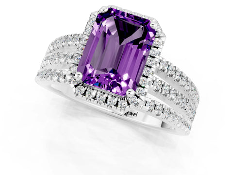 White gold {shape_name} Amethyst Halo Engagement Ring with Split Shank and Four-Prong Setting_13