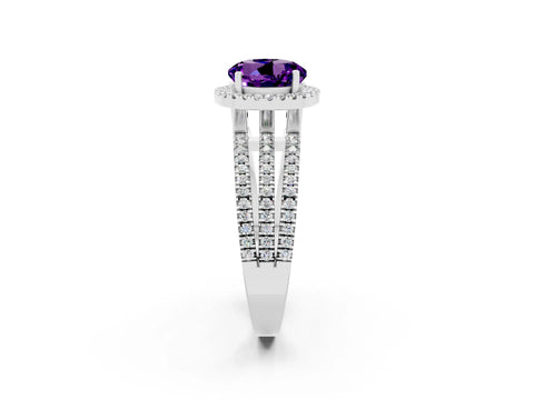 White gold {shape_name} Amethyst Halo Engagement Ring with Split Shank and Four-Prong Setting_14