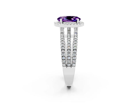 White gold {shape_name} Amethyst Halo Engagement Ring with Split Shank and Four-Prong Setting_14