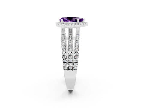 White gold {shape_name} Amethyst Halo Engagement Ring with Split Shank and Four-Prong Setting_14