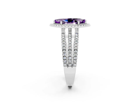 White gold {shape_name} Amethyst Halo Engagement Ring with Split Shank and Four-Prong Setting_14