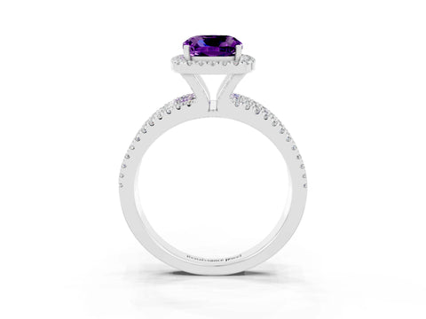 White gold {shape_name} Amethyst Halo Engagement Ring with Split Shank and Four-Prong Setting_15