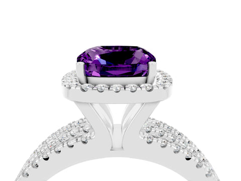 White gold {shape_name} Amethyst Halo Engagement Ring with Split Shank and Four-Prong Setting_16