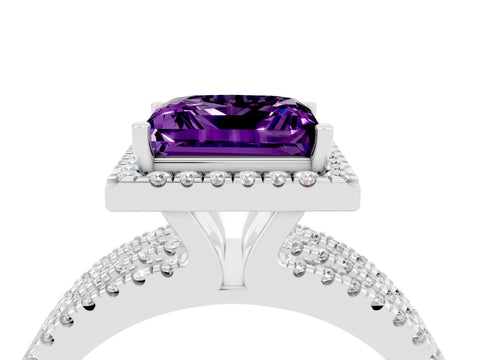 White gold {shape_name} Amethyst Halo Engagement Ring with Split Shank and Four-Prong Setting_16