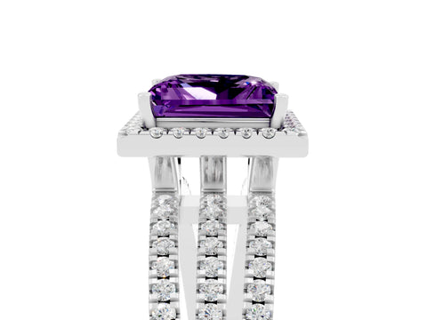White gold {shape_name} Amethyst Halo Engagement Ring with Split Shank and Four-Prong Setting_17