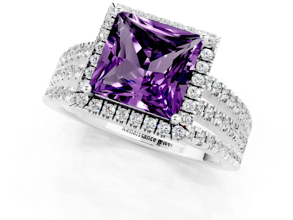 Silver Princess Cut Amethyst Halo Engagement Ring with Split Shank and Four-Prong Setting
