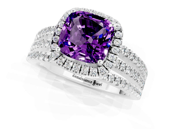 Silver Cushion Cut Amethyst Halo Engagement Ring with Split Shank and Four-Prong Setting