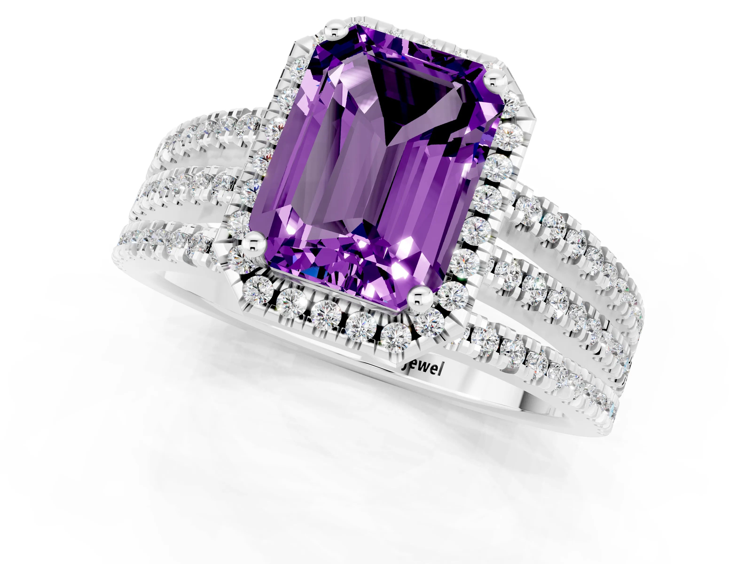 White gold {shape_name} Amethyst Halo Engagement Ring with Split Shank and Four-Prong Setting_1