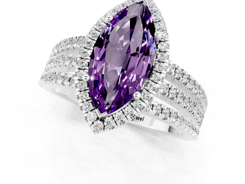 White gold {shape_name} Amethyst Halo Engagement Ring with Split Shank and Four-Prong Setting_1