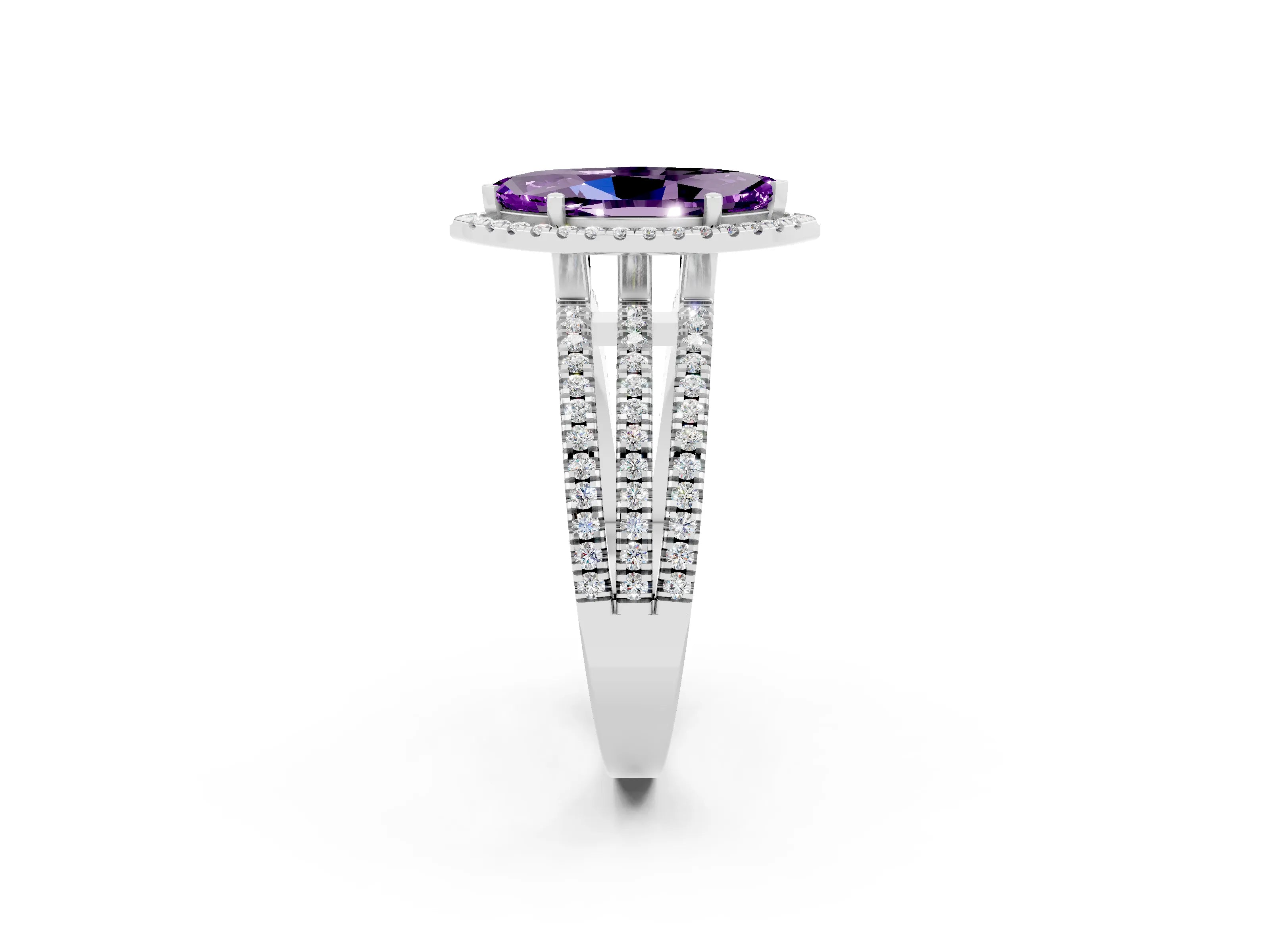 White gold {shape_name} Amethyst Halo Engagement Ring with Split Shank and Four-Prong Setting_2