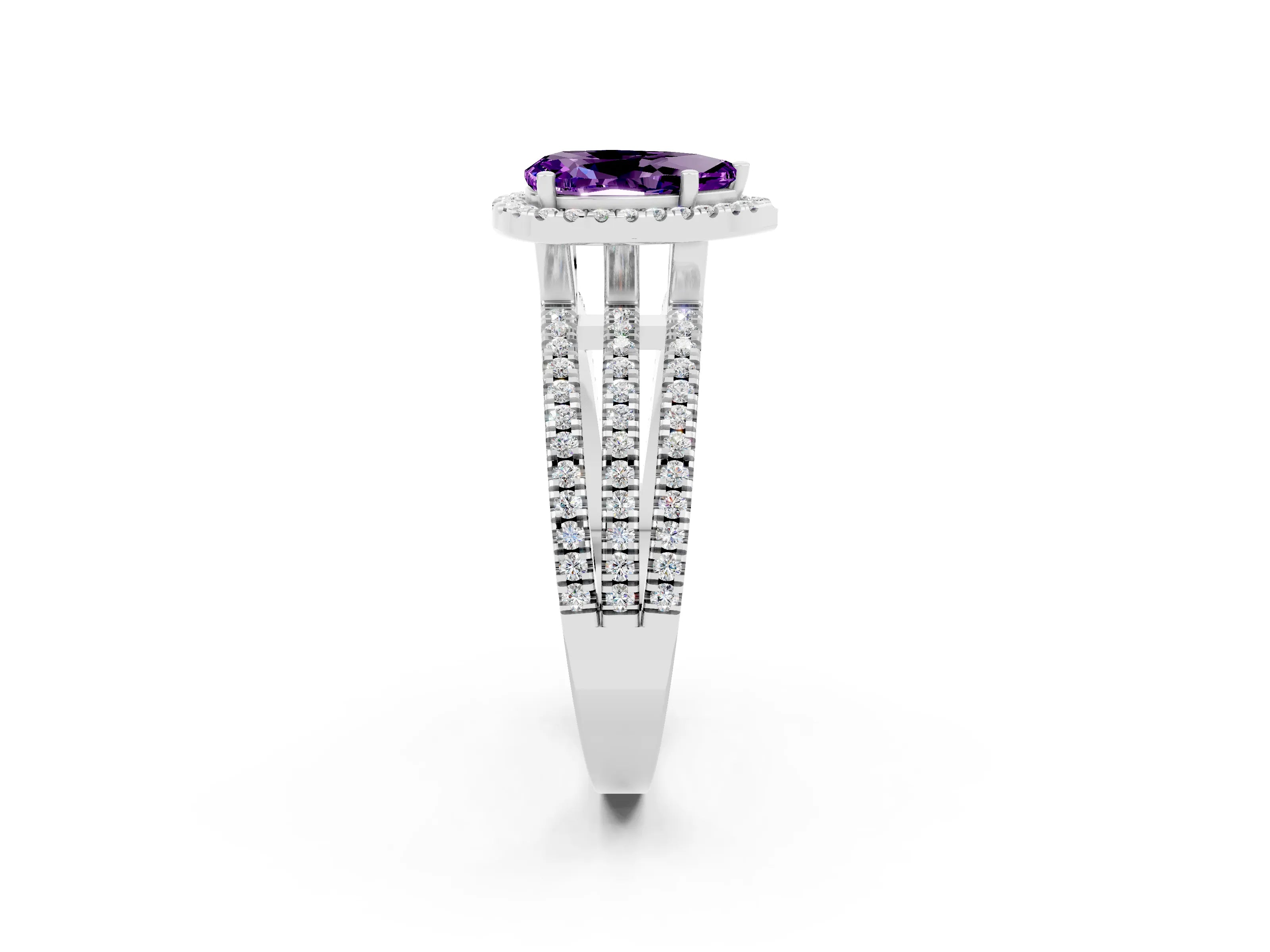 White gold {shape_name} Amethyst Halo Engagement Ring with Split Shank and Four-Prong Setting_2