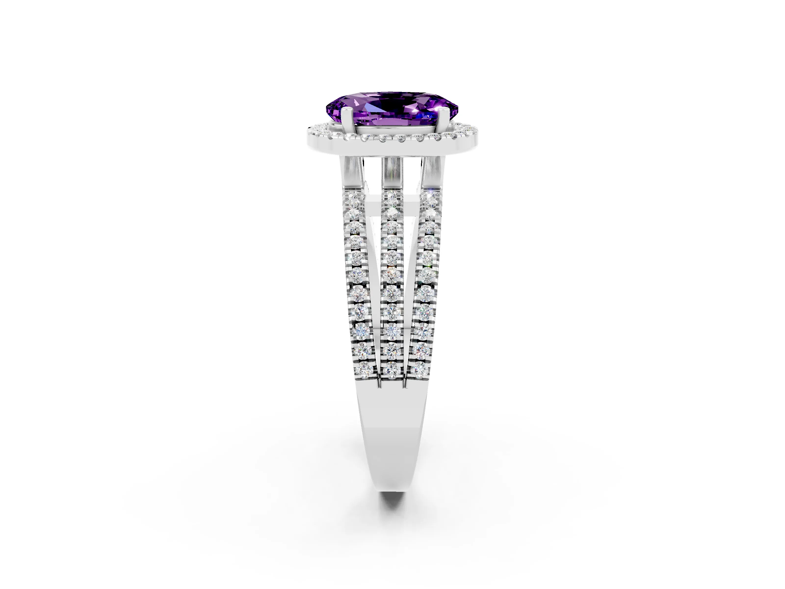 White gold {shape_name} Amethyst Halo Engagement Ring with Split Shank and Four-Prong Setting_2