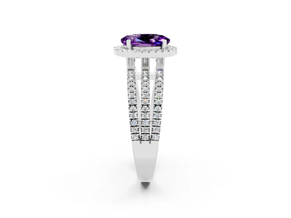 Silver Oval Cut Amethyst Halo Engagement Ring with Split Shank and Four-Prong Setting