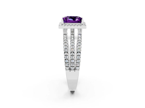 Silver Princess Cut Amethyst Halo Engagement Ring with Split Shank and Four-Prong Setting