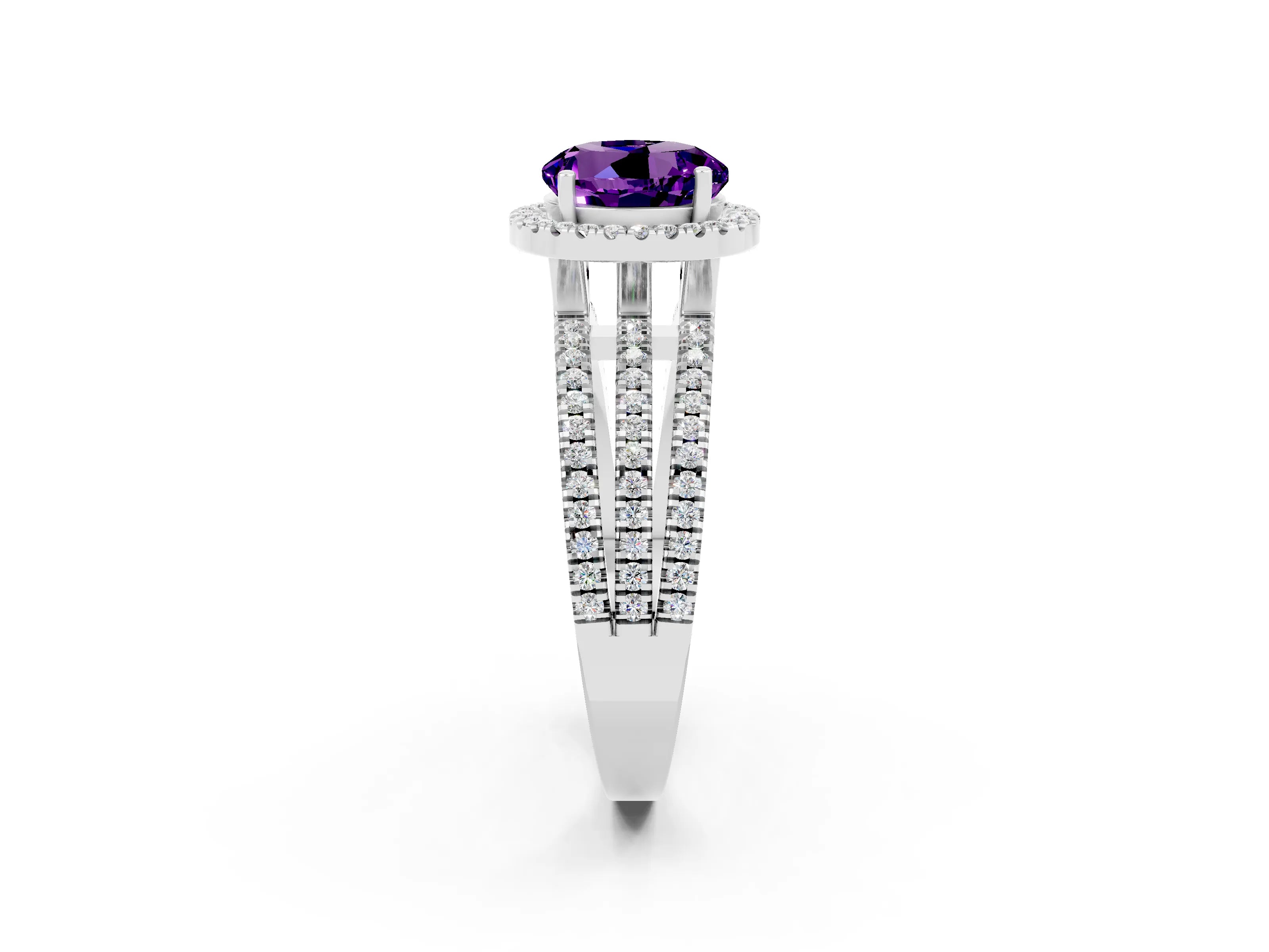 White gold {shape_name} Amethyst Halo Engagement Ring with Split Shank and Four-Prong Setting_2