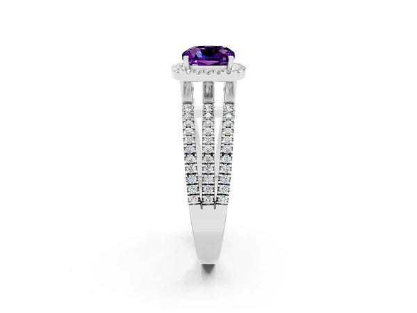 Platinum Cushion Cut Amethyst Halo Engagement Ring with Split Shank and Four-Prong Setting