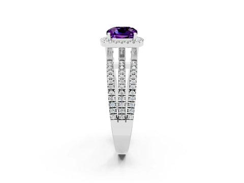 White gold {shape_name} Amethyst Halo Engagement Ring with Split Shank and Four-Prong Setting_2