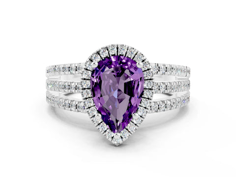 White gold {shape_name} Amethyst Halo Engagement Ring with Split Shank and Four-Prong Setting