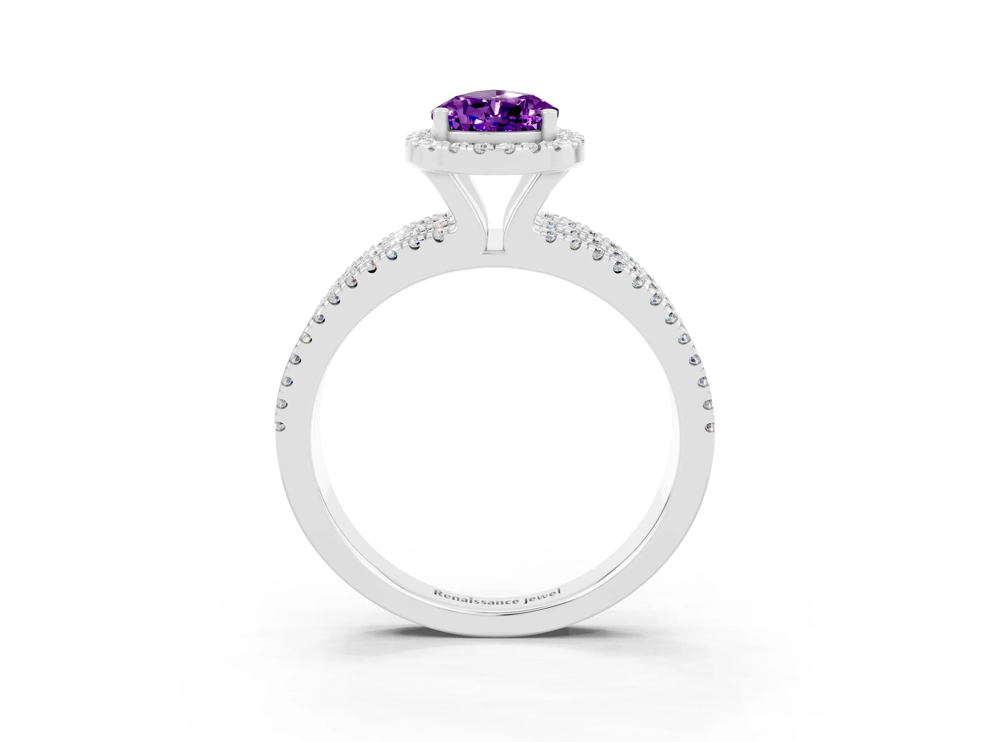 White gold {shape_name} Amethyst Halo Engagement Ring with Split Shank and Four-Prong Setting_3