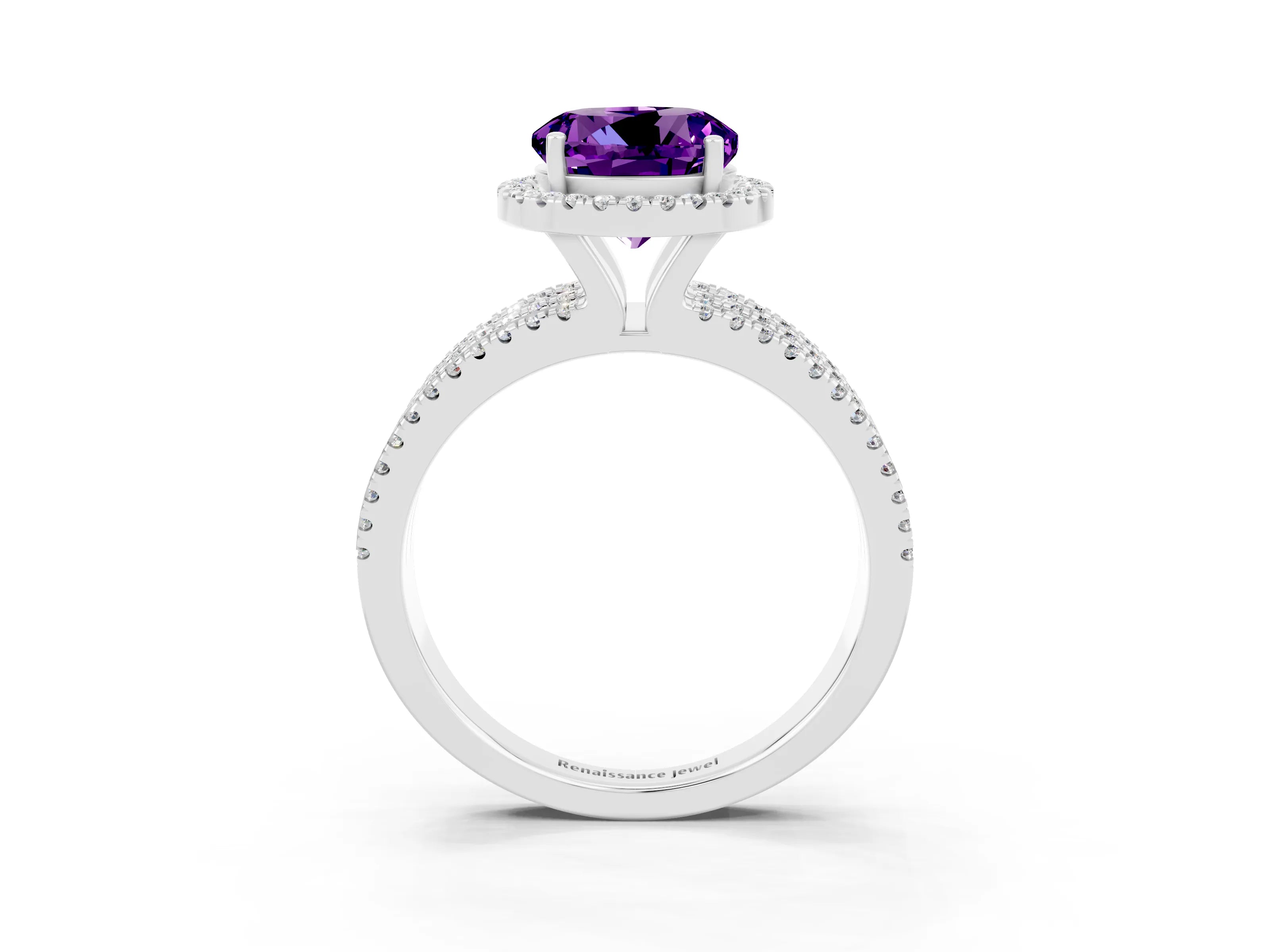 White gold {shape_name} Amethyst Halo Engagement Ring with Split Shank and Four-Prong Setting_3