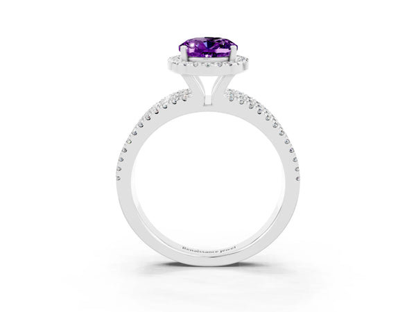 Platinum Oval Cut Amethyst Halo Engagement Ring with Split Shank and Four-Prong Setting
