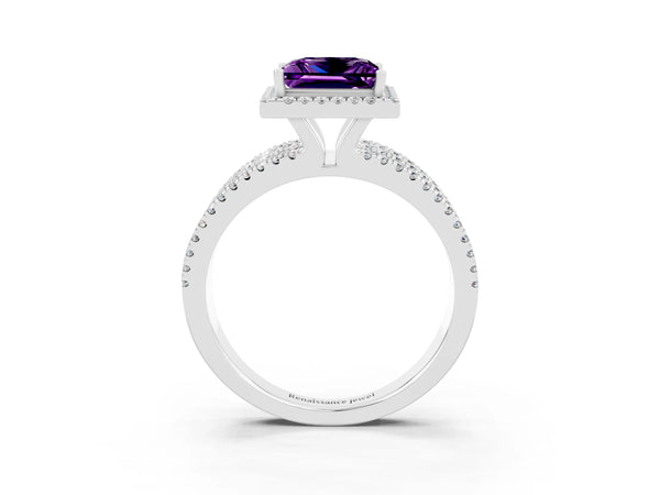 Platinum Princess Cut Amethyst Halo Engagement Ring with Split Shank and Four-Prong Setting
