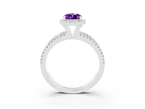 White gold {shape_name} Amethyst Halo Engagement Ring with Split Shank and Four-Prong Setting_3