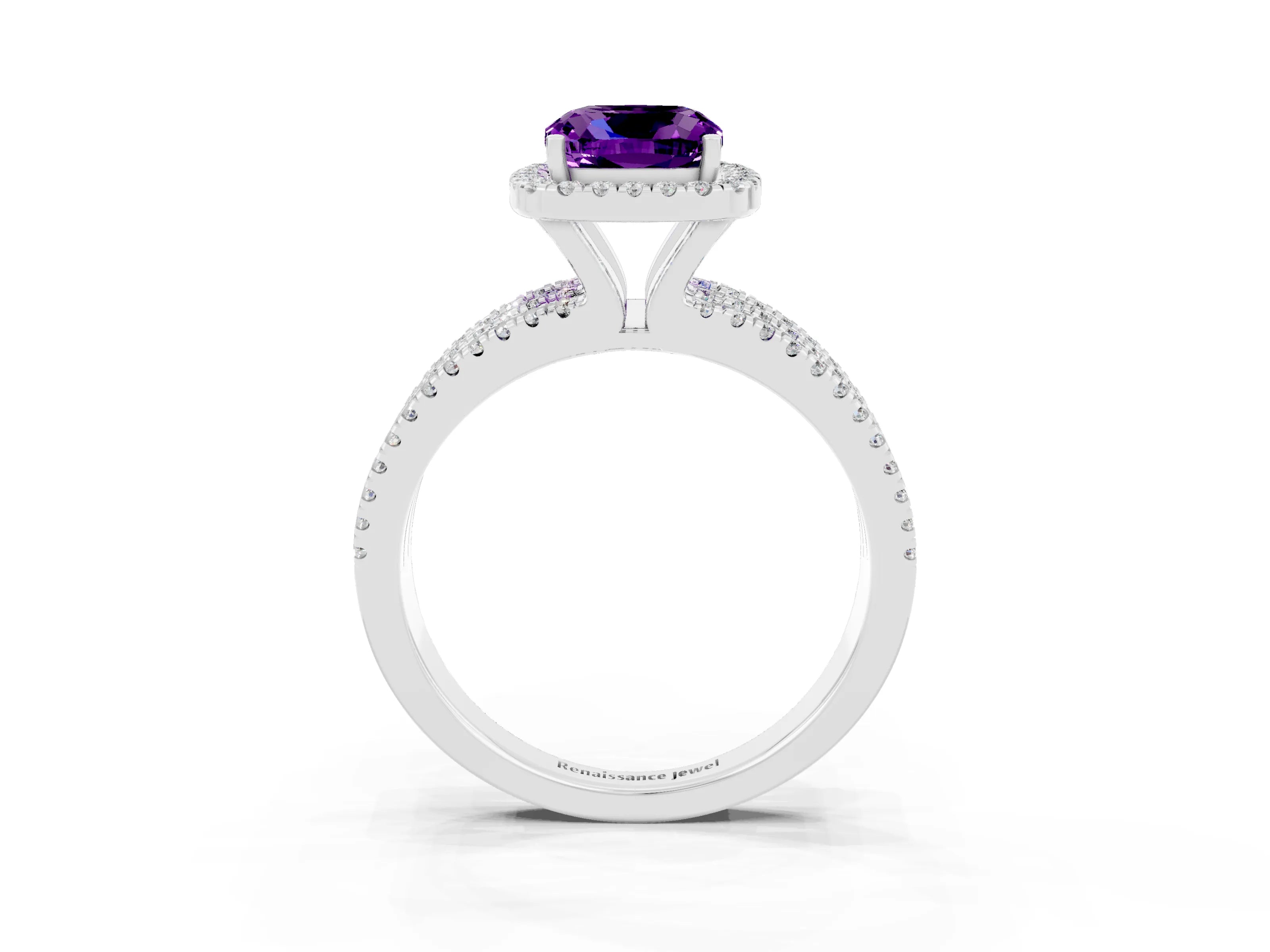 White gold {shape_name} Amethyst Halo Engagement Ring with Split Shank and Four-Prong Setting_3