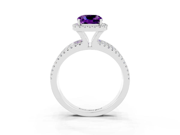 Silver Cushion Cut Amethyst Halo Engagement Ring with Split Shank and Four-Prong Setting