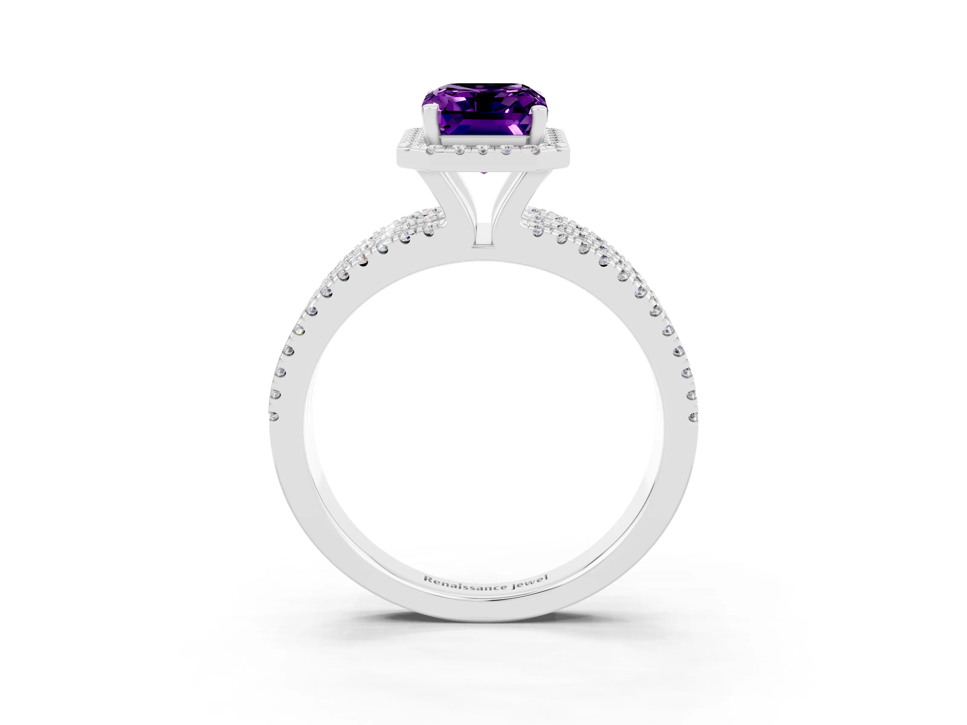 White gold {shape_name} Amethyst Halo Engagement Ring with Split Shank and Four-Prong Setting_3