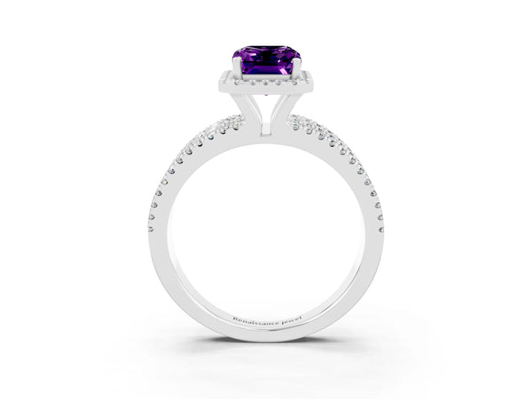 Platinum Emerald Cut Amethyst Halo Engagement Ring with Split Shank and Four-Prong Setting