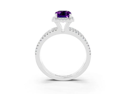 White gold {shape_name} Amethyst Halo Engagement Ring with Split Shank and Four-Prong Setting_3