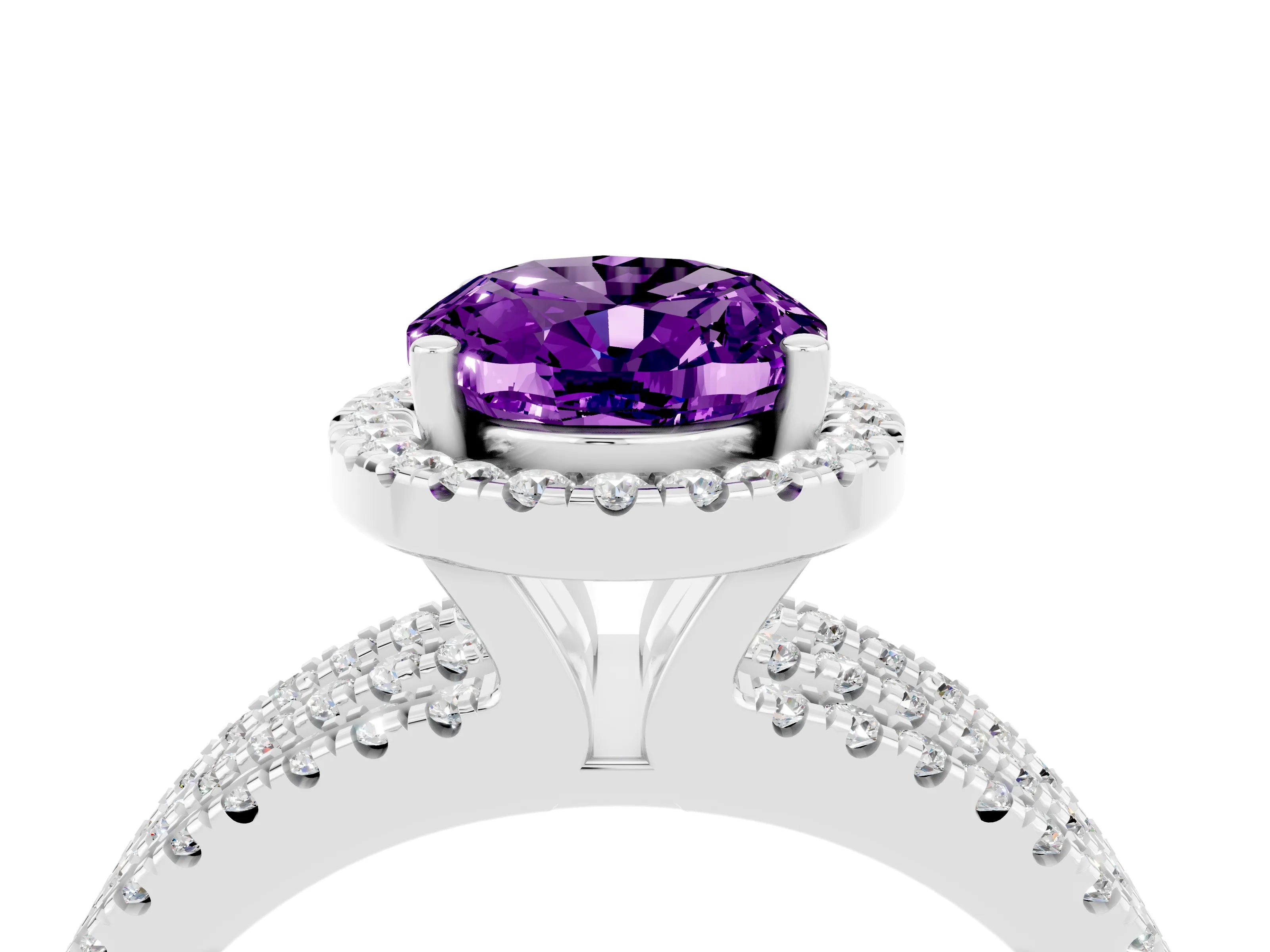 White gold {shape_name} Amethyst Halo Engagement Ring with Split Shank and Four-Prong Setting_4